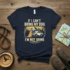 If I Can't Bring My Dog I'm Not Going quote on a navy t-shirt with a golden retriever and truck