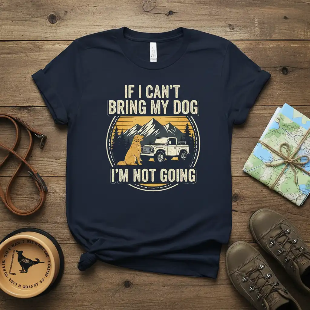 If I Can't Bring My Dog I'm Not Going quote and graphic on a t-shirt for dog travel enthusiasts