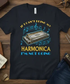 Harmonica player t-shirt with the quote "If I Can't Bring My Harmonica I'm Not Going" and a vintage harmonica graphic