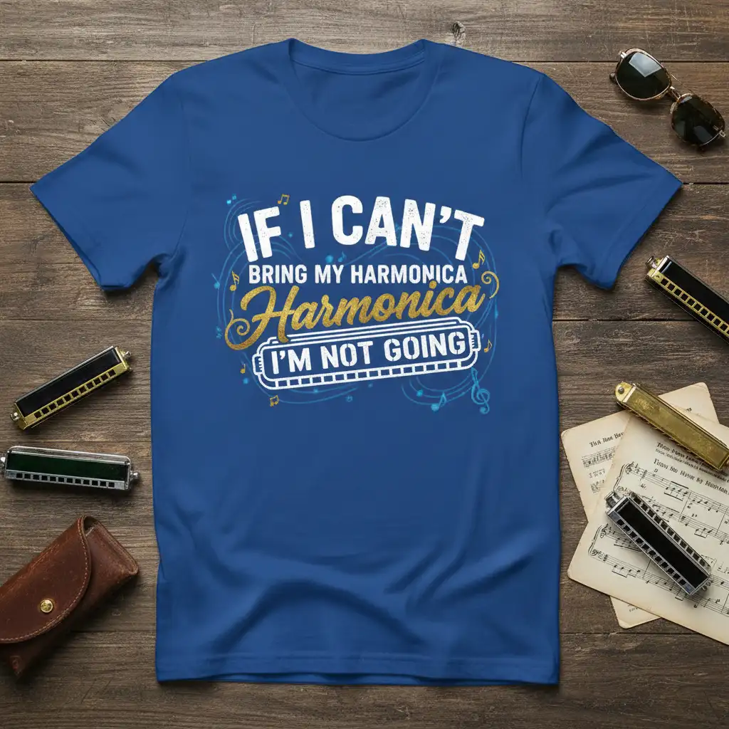 If I Can't Bring My Harmonica I'm Not Going quote on a blue t-shirt with musical notes and harmonica graphic