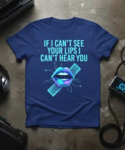 T-shirt with the quote "IF I CAN'T SEE YOUR LIPS I CAN'T HEAR YOU" and a futuristic digital lip graphic