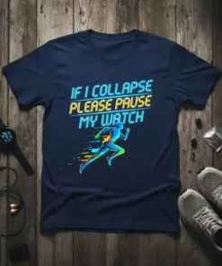 If I Collapse Please Pause My Watch quote t-shirt with a running graphic. Features neon-style text and a stylized runner