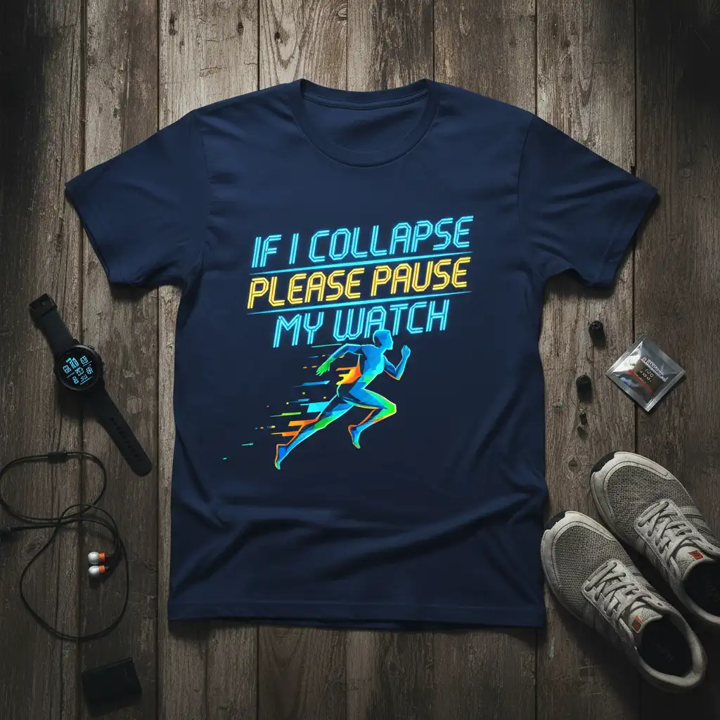 If I Collapse Please Pause My Watch humorous quote with a dynamic runner graphic on a dark t-shirt