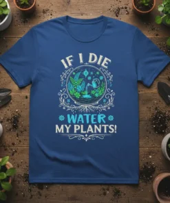 If I Die Water My Plants! text with a circular garden graphic featuring a watering can and lush greenery on