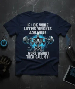 If I Die While Lifting Weights Add More Wore Weight Then Call 911 t-shirt design with a skeleton lifting weights
