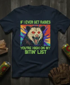 T-shirt design with text "IF I EVER GET RABIES YOU'RE HIGH ON MY BITIN' LIST" featuring a snarling possum graphic