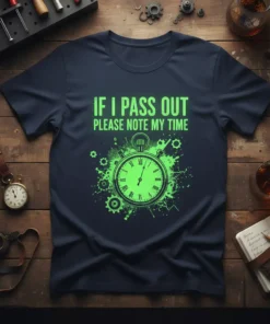 Navy t-shirt with neon green text "IF I PASS OUT PLEASE NOTE MY TIME" and a neon green stopwatch graphic