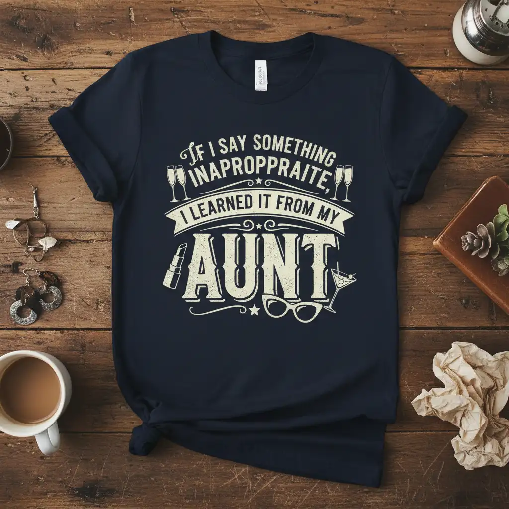 If I Say Something Inappropriite, I Learned It From My Aunt quote with fun graphics on a dark navy t-shirt