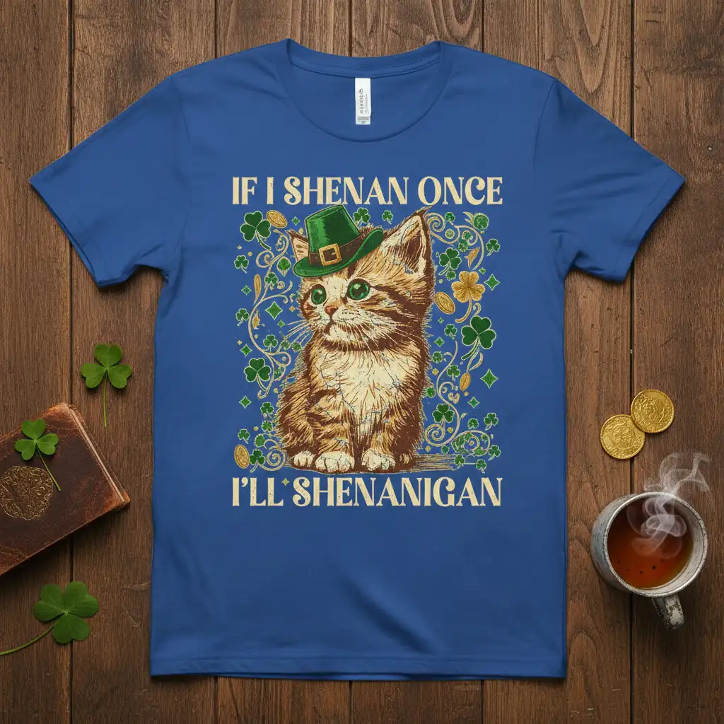 If I Shenan Once I'll Shenanigan quote with a playful kitten wearing a green leprechaun hat, surrounded by shamrocks and gold
