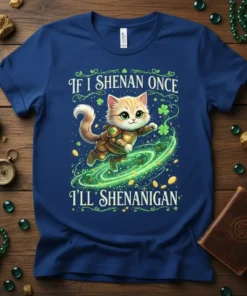 If I Shenan Once I'll Shenanigan funny cat St. Patrick's Day t-shirt design with clover accents and gold coins
