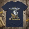 Pirate cat sitting in a treasure chest with the text "If I Shenan Once I'll Shenanigan" on a navy t-shirt