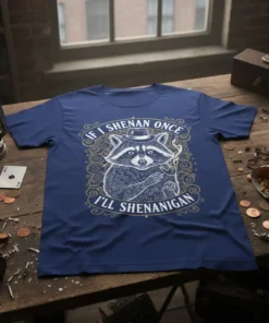 If I Shenan Once I'll Shenanigan quote with a dapper raccoon smoking a pipe, on a navy blue t-shirt