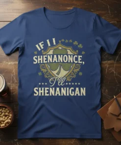 If I Shenanonce, I'll Shenanigan text with shamrock graphic on navy blue t-shirt