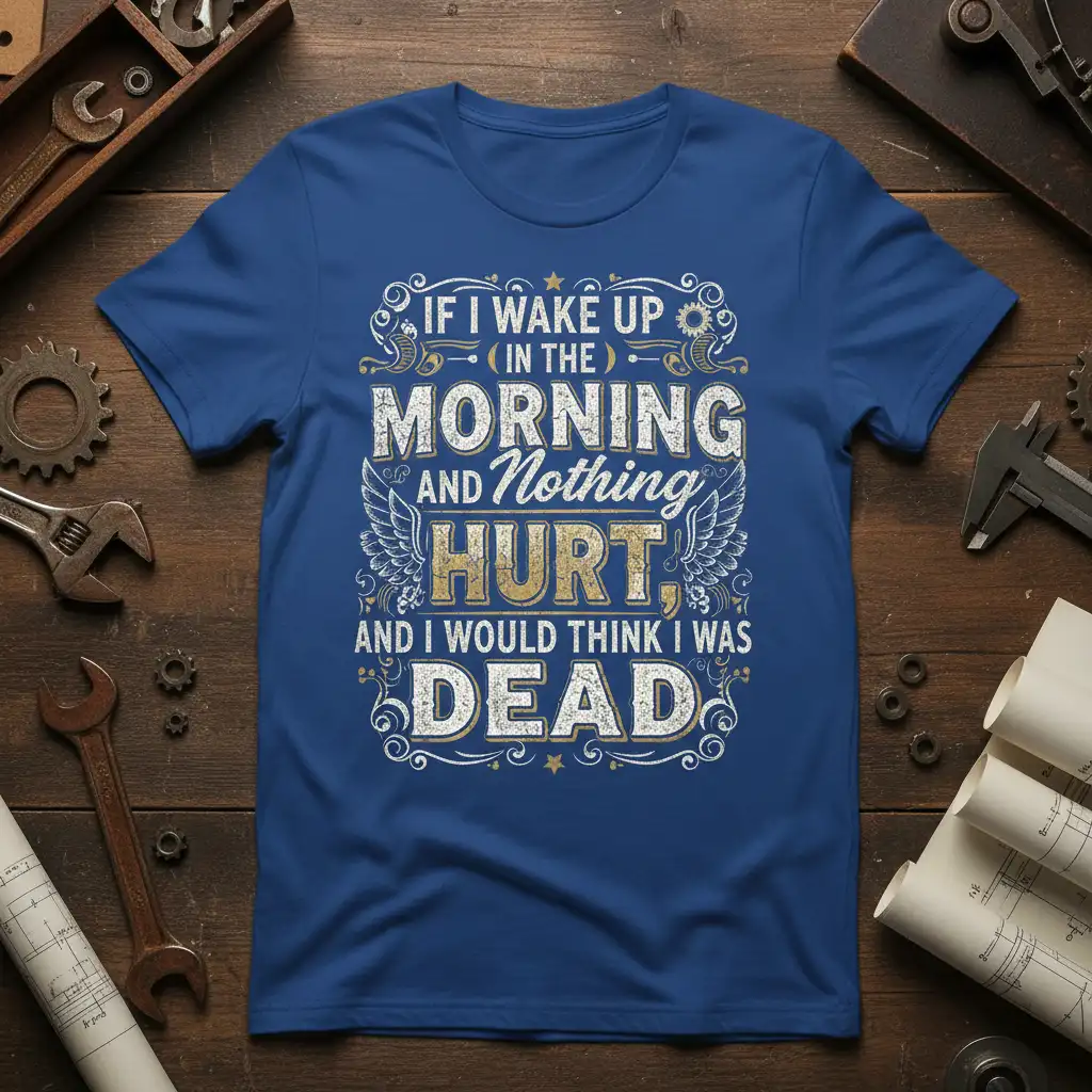 If I Wake Up Nothing Hurt I Was Dead quote with distressed text and wing graphics on a blue t-shirt