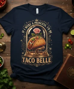 Taco Belle princess parody design with the quote "If I Were A Princess, I'd Be Taco Belle" and a taco