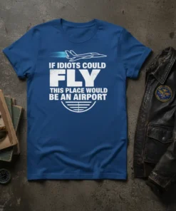 Funny aviation humor quote "If Idiots Could Fly This Place Would Be An Airport" on a blue t-shirt with a