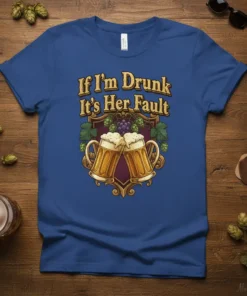 If I'm Drunk It's Her Fault humorous quote with beer mugs and hops graphic