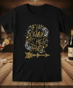Black t-shirt with gold and white text reading "If I'm Drunk It's Her Fault" and an arrow graphic