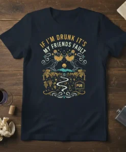 T-shirt with the quote "If I'm Drunk It's My Friends Fault" featuring two clinking wine glasses and a winding road