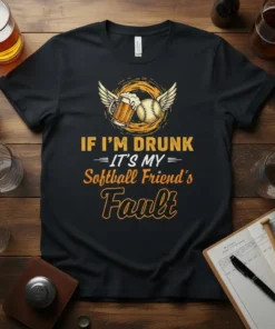 If I'm Drunk It's My Softball Friend's Fault humorous quote t-shirt with baseball and beer graphic