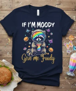 If I'm Moody Give Me Foody t-shirt with a raccoon astronaut drinking a milkshake, surrounded by butterflies and burgers