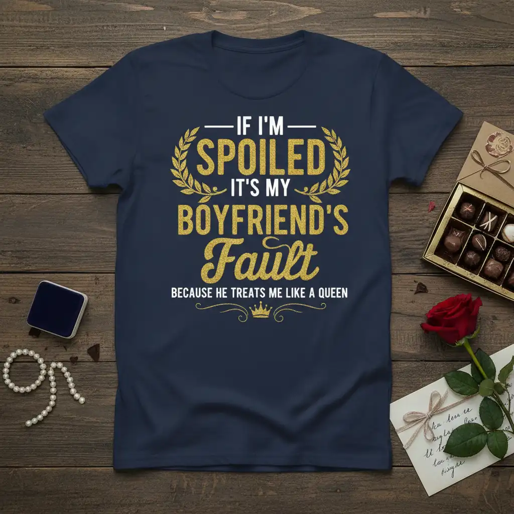 If I'm Spoiled It's My Boyfriend's Fault Because He Treats Me Like A Queen quote on a navy tee with gold glitter