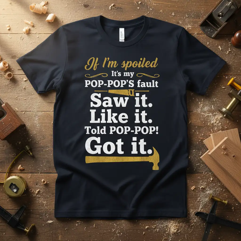 If I'm spoiled It's my POP-POP'S fault Saw it. Like it. Told POP-POP! Got it. quote on a dark t-shirt with hammer