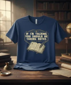 Navy blue t-shirt featuring the quote "If I'm Talking You Should Be Taking Notes" above an open book with a