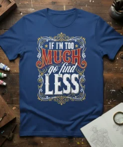 Bold typography t-shirt design with the quote "IF I'M TOO MUCH go find LESS" in decorative lettering