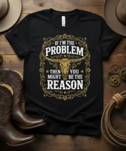 Black t-shirt with gold Western-style text "If I'm The Problem Then You Might Be The Reason" and bull skull graphic