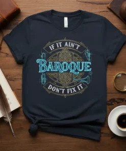 T-shirt with "IF IT AIN'T BAROQUE DON'T FIX IT" text and baroque musical instrument graphics