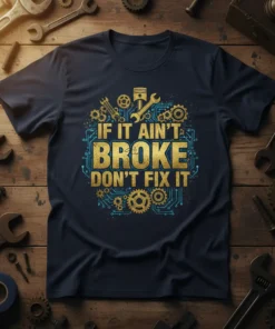If It Ain't Broke Don't Fix It quote on a navy blue t-shirt with gold and blue mechanical graphics