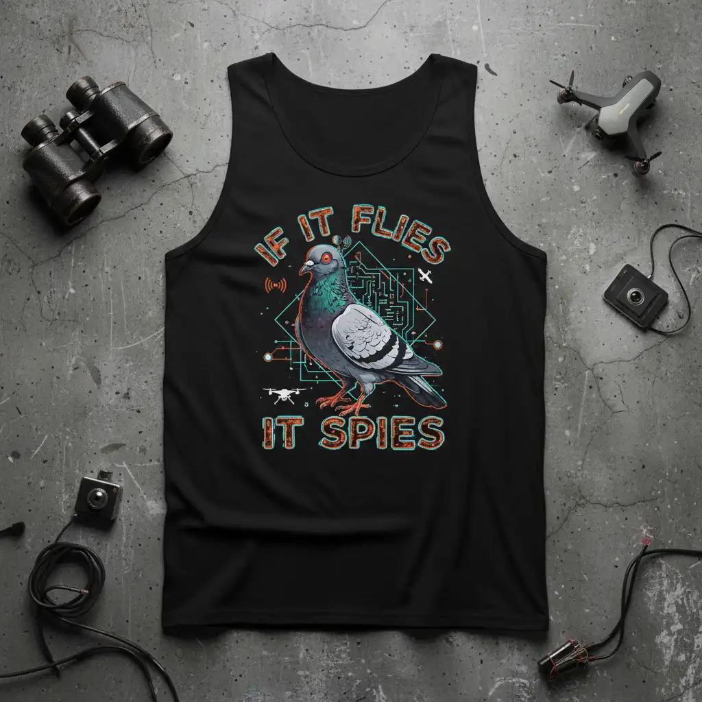 If It Flies It Spies pigeon graphic tank top with tech elements and text, featuring drones and circuitry