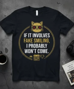 Funny quote t-shirt with "IF IT INVOLVES FAKE SMILING, I PROBABLY WON'T COME." text and a grumpy cat graphic