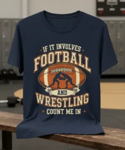 If It Involves Football And Wrestling Count Me In quote on a navy t-shirt with football and wrestling graphic