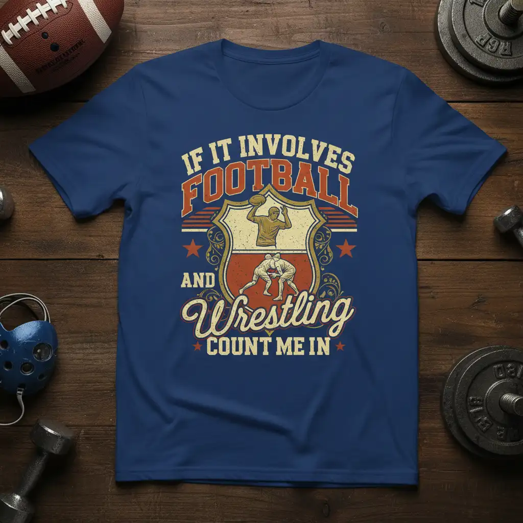 If It Involves Football And Wrestling Count Me In quote on a sports-themed t-shirt with dual sport graphics