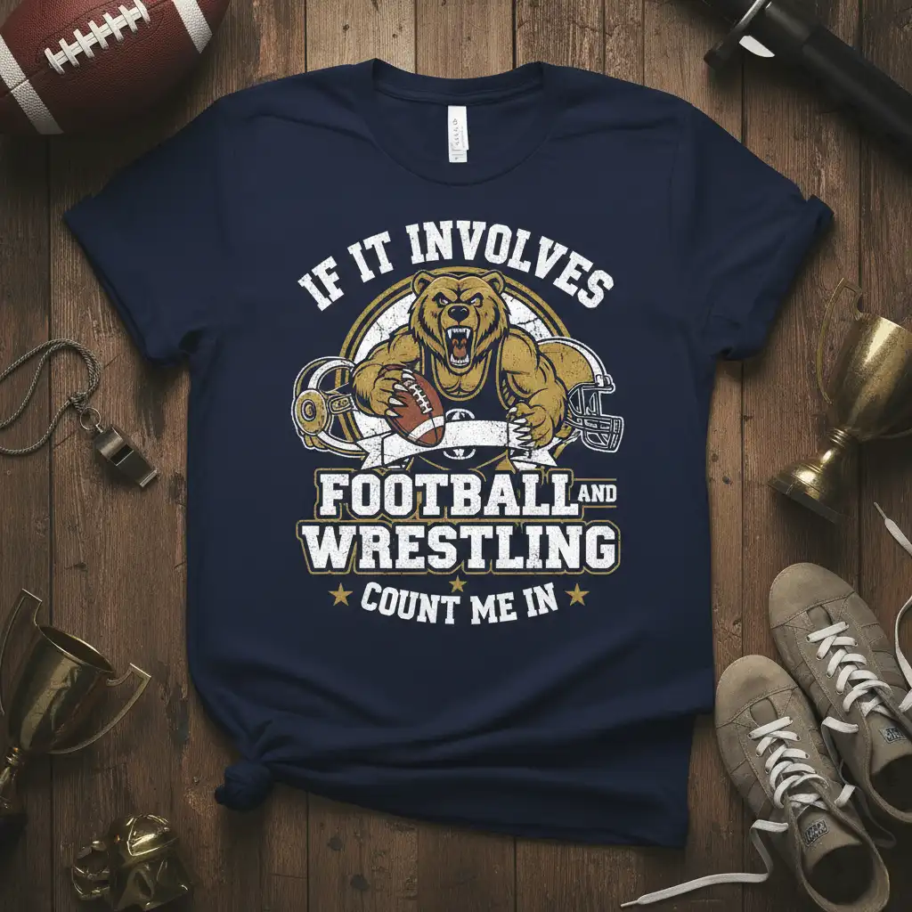If It Involves Football And Wrestling Count Me In t-shirt design with a bear mascot and sports equipment