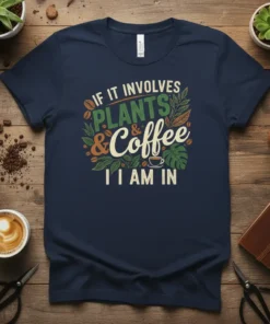 If It Involves Plants & Coffee I Am In text with coffee cup and leaf graphics on a navy t-shirt