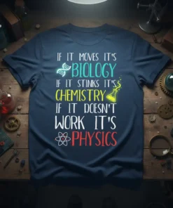 Science humor t-shirt with the quote "If It Moves It's Biology If It Stinks It's Chemistry If It Doesn't Work