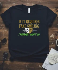 Dark navy t-shirt with gold text "IF IT REQUIRES FAKE SMILING" and green text "I PROBABLY WON'T GO" with comedy/tragedy