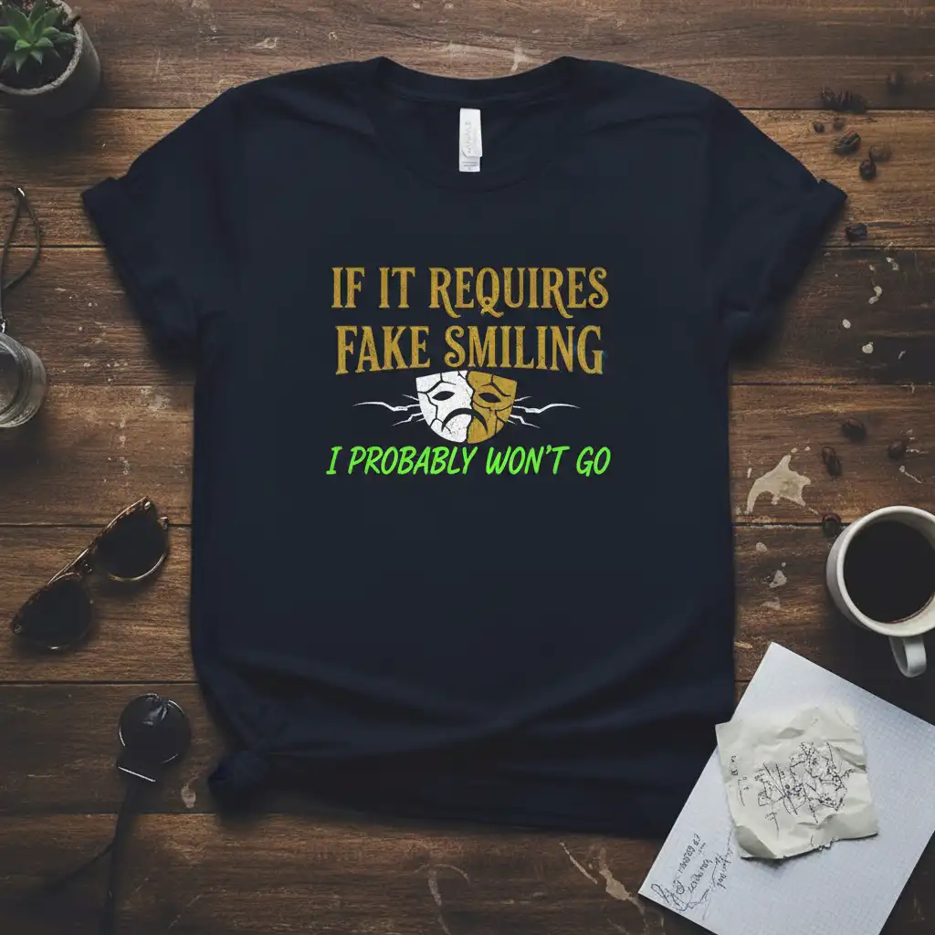If It Requires Fake Smiling I Probably Won't Go quote t-shirt with theatrical mask graphic and contrasting gold and green text
