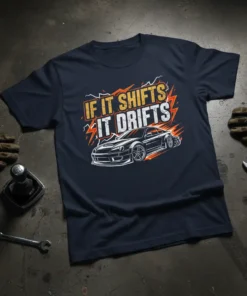 If It Shifts It Drifts text with a drifting car graphic on a navy t-shirt