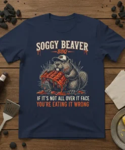 If It's Not All Over It Face You're Eating It Wrong funny BBQ quote t-shirt with a beaver eating ribs