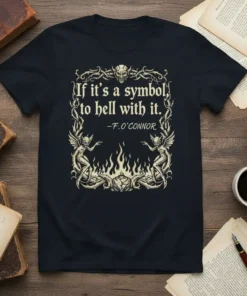 Dark t-shirt with quote "If it's a symbol, to hell with it." and "-F.O'CONNOR" in gothic font, surrounded by ornate