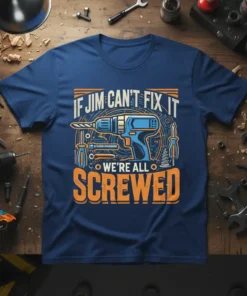 If Jim Can't Fix It We're All Screwed T-Shirt featuring a power drill and tools, white and orange text