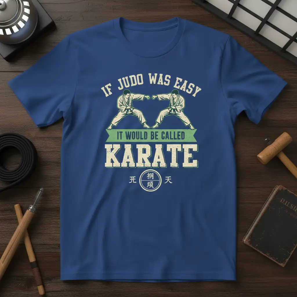 If Judo Was Easy It Would Be Called Karate quote on a blue t-shirt with martial arts graphic