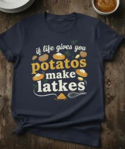 If life gives you potatoes make latkes quote on a navy t-shirt with potato and latke graphics