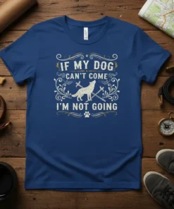 T-shirt with the quote "If My Dog Can't Come I'm Not Going" featuring a wolf graphic and decorative elements