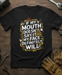 T-shirt with the quote "If My Mouth Doesn't Say It My Face Definitely Will" in bold, graphic lettering. Includes "POW!"