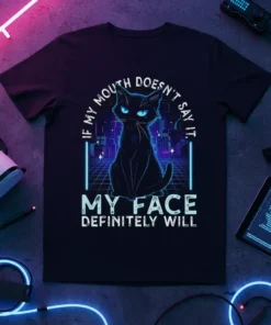 Black cat with glowing blue eyes sitting in a neon grid cityscape, text reads "If My Mouth Doesn't Say It